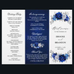 Royal Blue White Silver Tri-fold Wedding Program<br><div class="desc">Elegant royal blue white silver theme wedding program featuring elegant bouquet of royal blue,  Navy,  silver,  pure white colour rose flowers buds and sage green eucalyptus leaves. Please contact me for any help in customisation or if you need any other product with this design.</div>