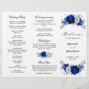 Royal Blue White Silver Tri-fold Wedding Program
