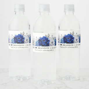Royal Blue White Silver  Wedding Water Bottle Label