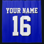 Royal Blue White Sports Jersey Team Jersey Shower Curtain<br><div class="desc">Preppy Solid Colour Team Jersey / Sports Jersey / Football Jersey / Rugby Jersey with Custom Name Customise this with your own name or team name and a number. You can change the size, colour and placement of the text if you need to make changes, change the colour of or...</div>