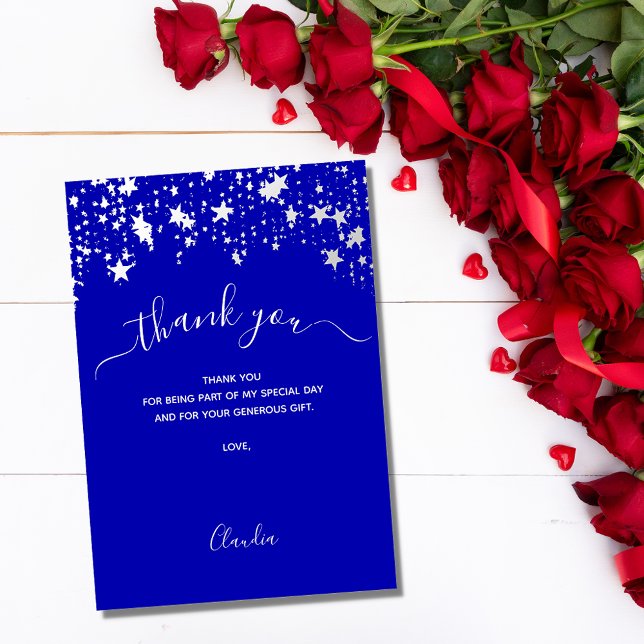 Royal blue white stars script thank you card (Creator Uploaded)