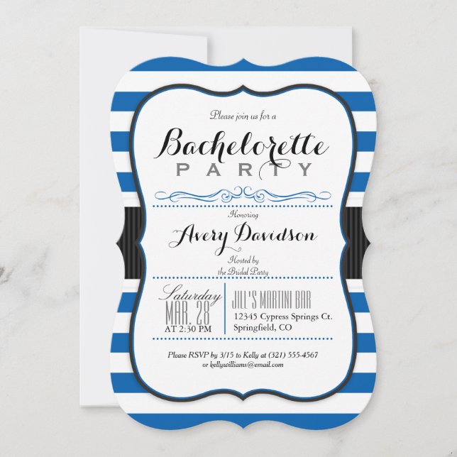 Royal Blue & White Stripes Bachelorette Party Invitation (Front)