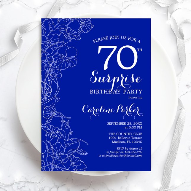 Royal Blue White Surprise 70th Birthday Party Invitation (Creator Uploaded)