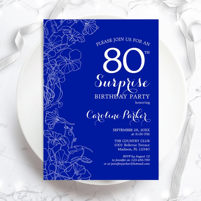 Royal Blue White Surprise 80th Birthday Party Invitation (Creator Uploaded)