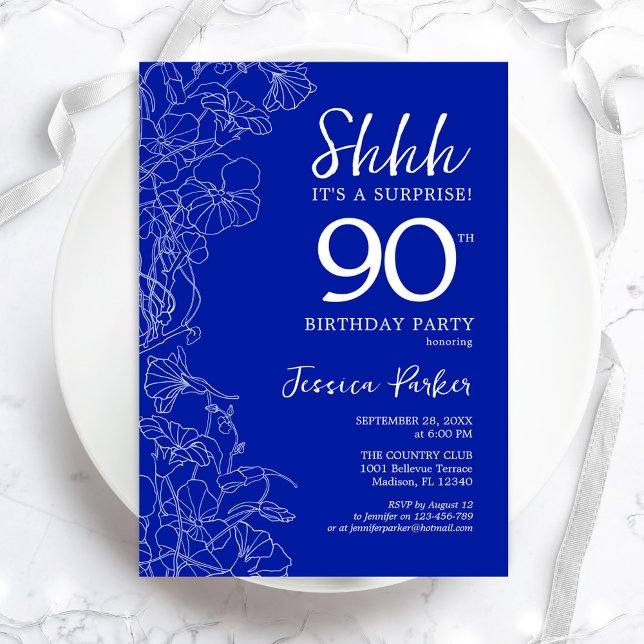 Royal Blue White Surprise 90th Birthday Invitation (Creator Uploaded)