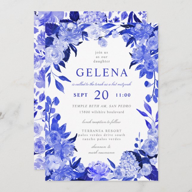 Royal Blue & White Watercolor Floral Bat Mitzvah Invitation (Front/Back)