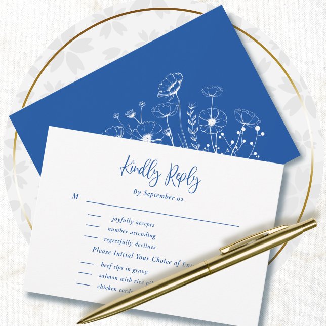 Royal Blue White Wildflowers Menu Selection RSVP  (Creator Uploaded)
