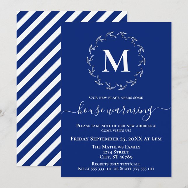 Royal Blue White Wreath Monogram House Warming Announcement (Front/Back)
