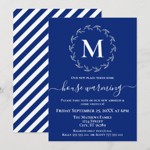 Royal Blue White Wreath Monogram House Warming Announcement