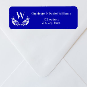Royal blue white wreath monogram return address