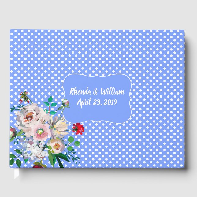 Royal Blue with White Dots and Flowers Wedding Guest Book (Front)
