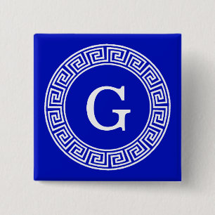 Royal Blue Wt Greek Key Rnd Frame Initial Monogram 15 Cm Square Badge