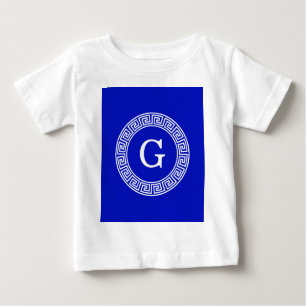 Royal Blue Wt Greek Key Rnd Frame Initial Monogram Baby T-Shirt