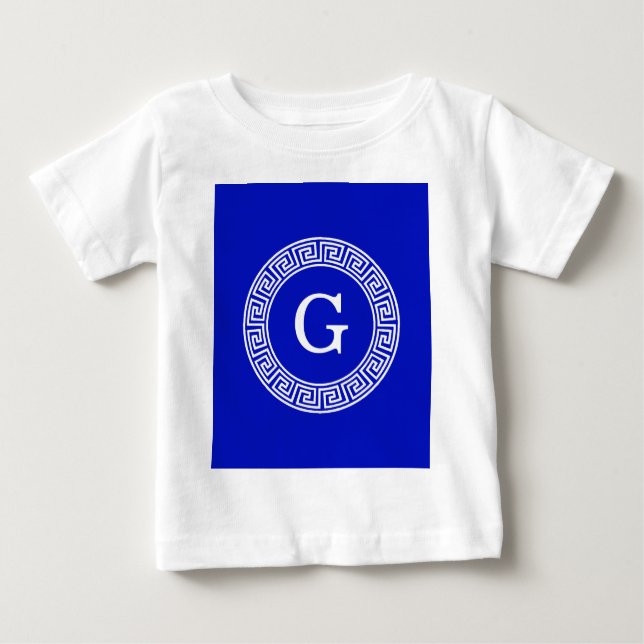 Royal Blue Wt Greek Key Rnd Frame Initial Monogram Baby T-Shirt (Front)