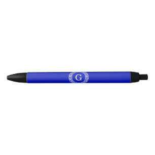 Royal Blue Wt Greek Key Rnd Frame Initial Monogram Black Ink Pen