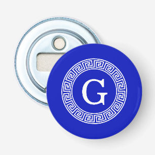 Royal Blue Wt Greek Key Rnd Frame Initial Monogram Bottle Opener
