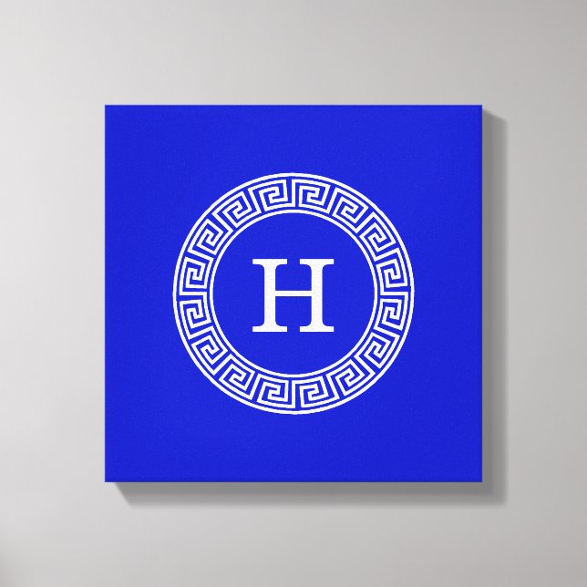 Royal Blue Wt Greek Key Rnd Frame Initial Monogram Canvas Print (Front)