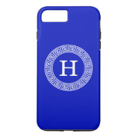 Royal Blue Wt Greek Key Rnd Frame Initial Monogram