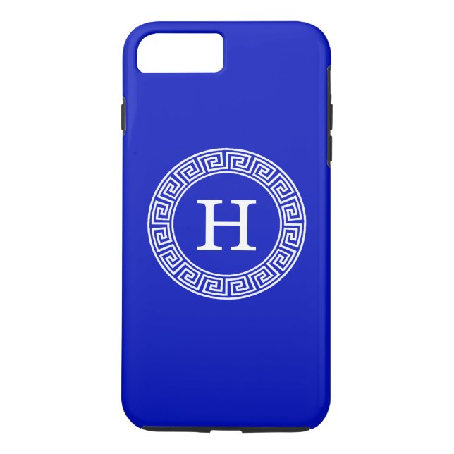 Royal Blue Wt Greek Key Rnd Frame Initial Monogram Case-Mate iPhone Case (Back)