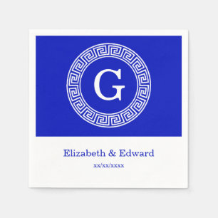 Royal Blue Wt Greek Key Rnd Frame Initial Monogram Napkin