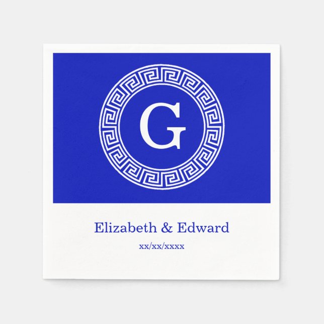 Royal Blue Wt Greek Key Rnd Frame Initial Monogram Napkin (Front)