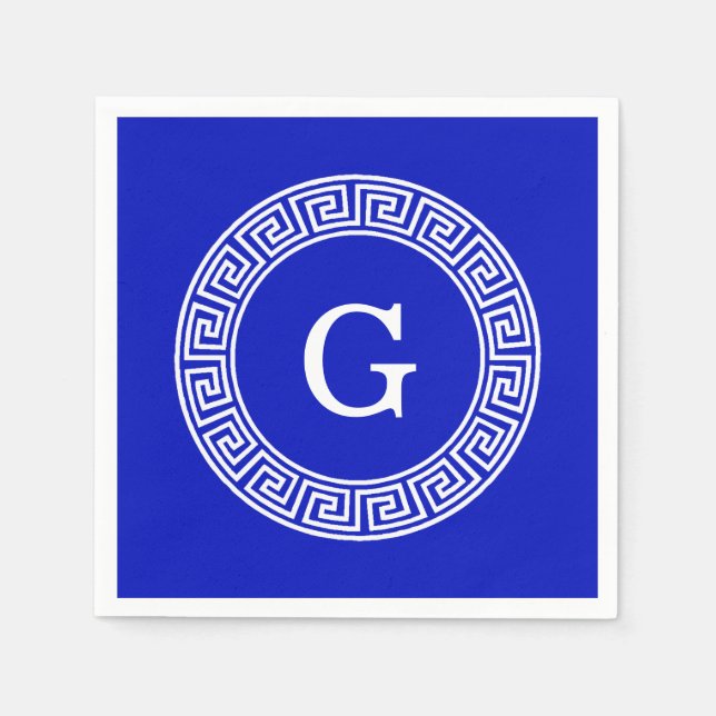 Royal Blue Wt Greek Key Rnd Frame Initial Monogram Napkin (Front)