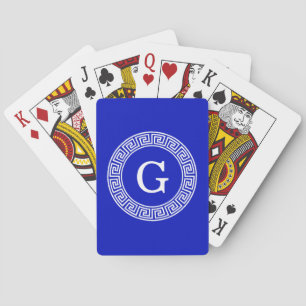 Royal Blue Wt Greek Key Rnd Frame Initial Monogram Playing Cards