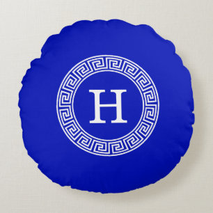 Royal Blue Wt Greek Key Rnd Frame Initial Monogram Round Cushion