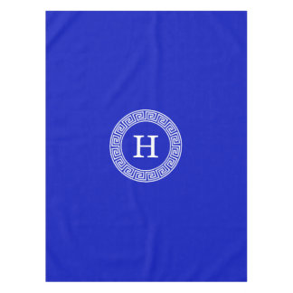 Royal Blue Wt Greek Key Rnd Frame Initial Monogram Tablecloth