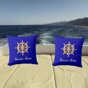Royal blue yacht boat name gold steering wheel cushion