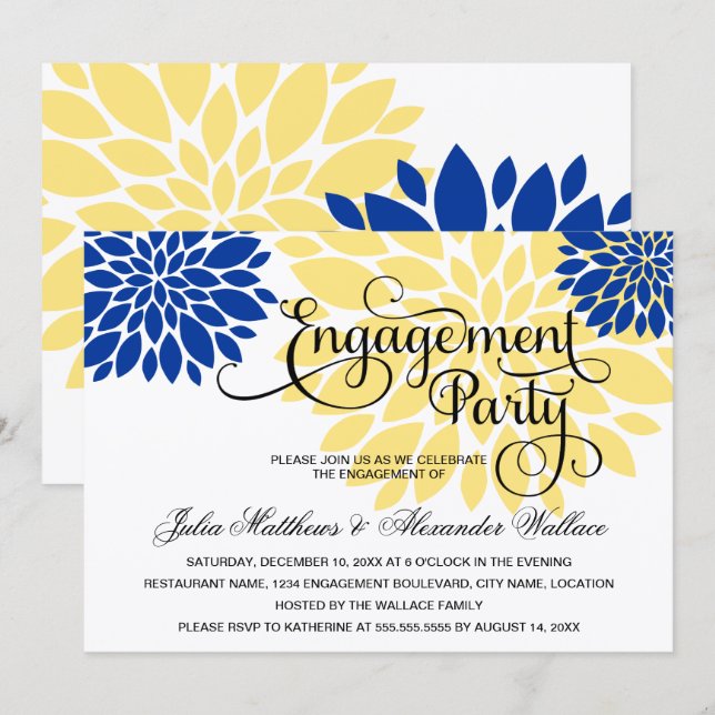 Royal Blue Yellow Floral Burst Engagement Party Invitation (Front/Back)