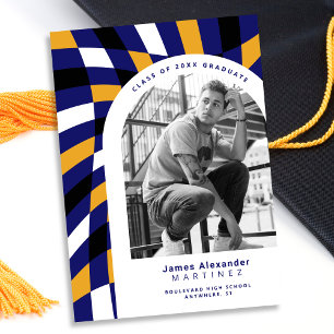 Royal Blue Yellow Gold Chequered Photo Graduation Announcement
