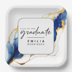 Royal Blue Yellow Gold Elegant Minimal Graduation Paper Plate