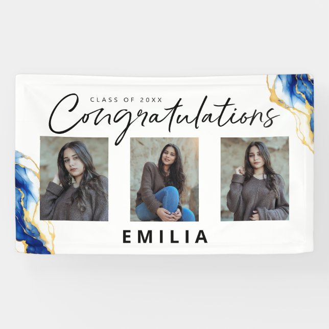 Royal Blue Yellow Gold Elegant Photo Graduation  Banner (Horizontal)
