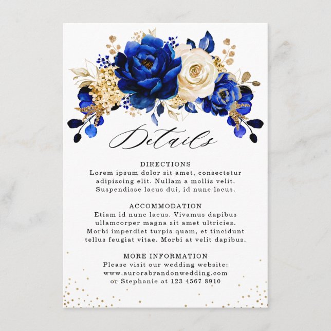 Royal Blue Yellow Gold Floral Wedding Details Enclosure Card (Front)