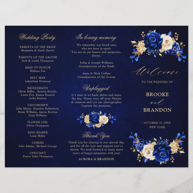 Royal Blue Yellow Gold Floral Wedding Program (Front)