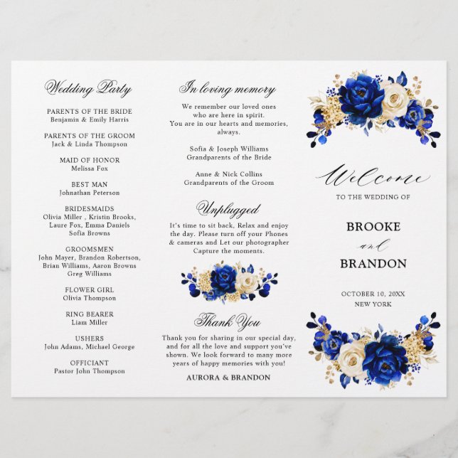 Royal Blue Yellow Gold Floral Wedding Program (Front)