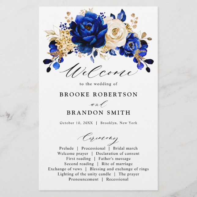 Royal Blue Yellow Gold Floral Wedding Program (Front)