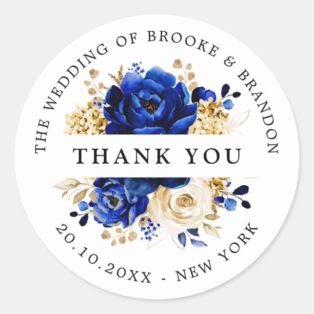 Royal Blue Yellow Gold Metallic Floral Thank you Classic Round Sticker (Front)