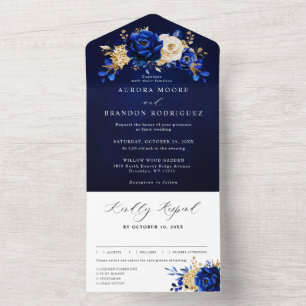 Royal Blue Yellow Gold Metallic Floral Wedding All In One Invitation