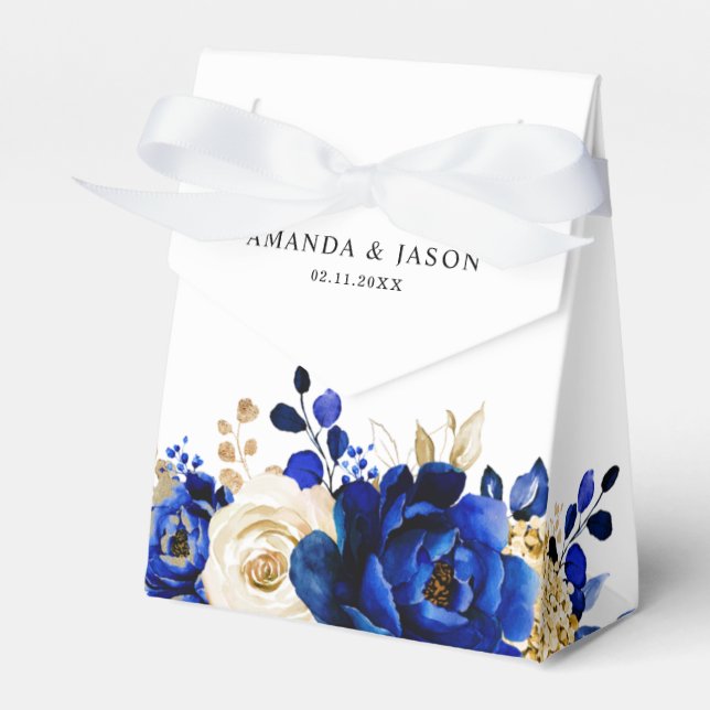 Royal Blue Yellow Gold Metallic Floral Wedding Favour Box (Front Side)