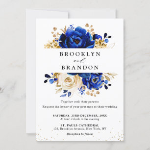 Royal Blue Yellow Gold Metallic Floral Wedding Invitation