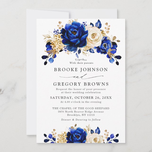 Royal Blue Yellow Gold Metallic Floral Wedding Invitation (Front)