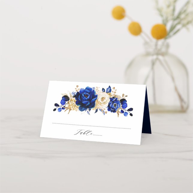 Royal Blue Yellow Gold Metallic Floral Wedding Place Card (Front)