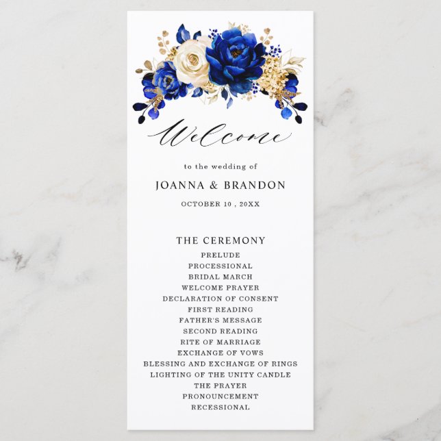 Royal Blue Yellow Gold Metallic Floral Wedding Programme (Front)