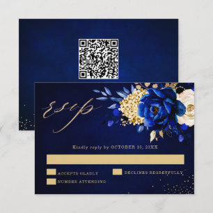 Royal Blue Yellow Gold Metallic Floral Wedding QR RSVP Card