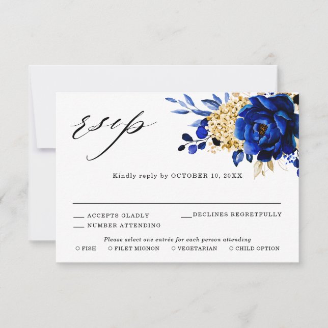 Royal Blue Yellow Gold Metallic Floral Wedding RSVP Card (Front)