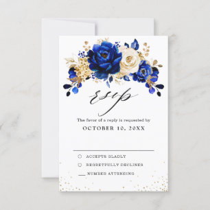 Royal Blue Yellow Gold Metallic Floral Wedding RSVP Card
