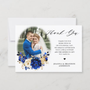 Royal Blue Yellow Gold Metallic Floral Wedding Thank You Card