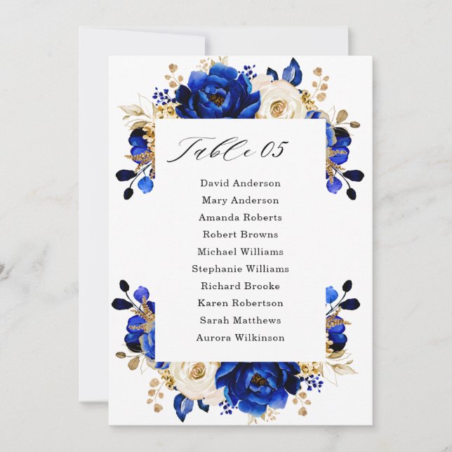 Royal Blue Yellow Gold Metallic Seating Chart Card (Front)